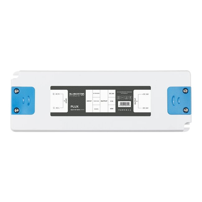 PLUX GLB-107-0014 Τροφοδοτικό/Μετασχηματιστής Class II SELV 60W 2.5A AC 220-240V σε DC 24V IP20 - Λευκό Ματ - Μ18.5 x Π6.4 x Υ2.2cm - 3 Χρόνια Εγγύηση - 3