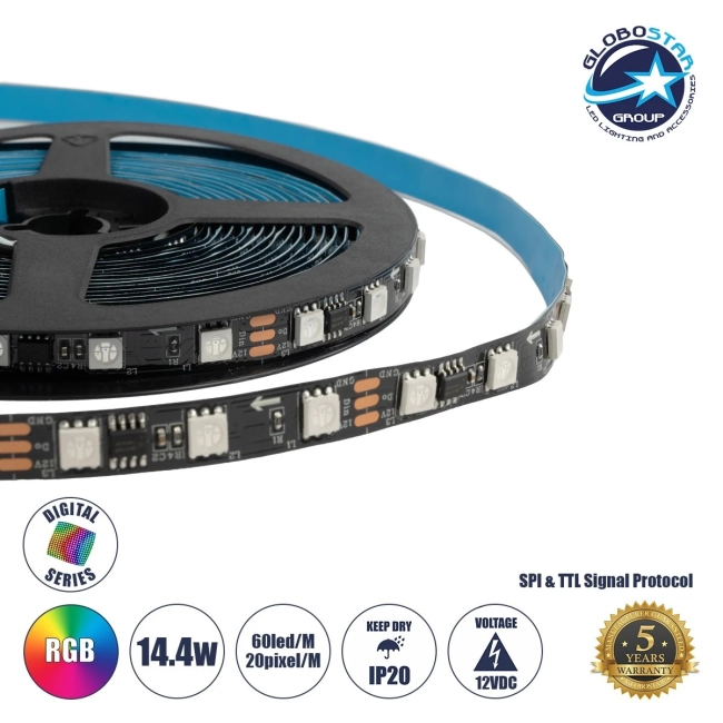 DIGIPRO 90589 Ψηφιακή Pixel Addressable Ταινία LED 14.4W/m 864lm/m 120° DC 12V IP20 60 x SMD5050 Chip/m 20 x Pixel/m Πολύχρωμο RGB Dimmable SPI/TTL Protocol IC WS2811/UCS16703 - Sanan SMD Chip - Μ500 x Π1 x Υ0.2cm - Ρολό 5 Μέτρων - 5 Χρόνια Εγγύηση