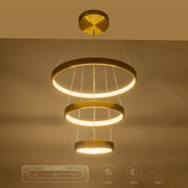 NEMESIS TRIO 61169-DECO Μοντέρνο Κρεμαστό Φωτιστικό Οροφής LED 100W 12123lm 360° AC 220-240V IP20 Ρυθμιζόμενο Λευκό CCT με Χειριστήριο από 2700K έως 6000K Dimmable - Lumileds SMD Chip - Χρυσό Βούρτσας - Μ60 x Π60 x Υ60cm - 3 Χρόνια Εγγύηση - 11