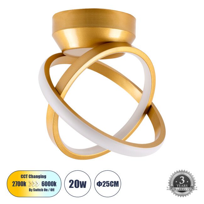 AMELIA 61054 Φωτιστικό Οροφής Design LED CCT 20W 2400lm 300° AC 220-240V - Εναλλαγή Φωτισμού μέσω Διακόπτη On/Off All In One Ψυχρό 6000k+Φυσικό 4500k+Θερμό 2700k Μ24.5 x Π16 x Υ25cm - Χρυσό Βούρτσας