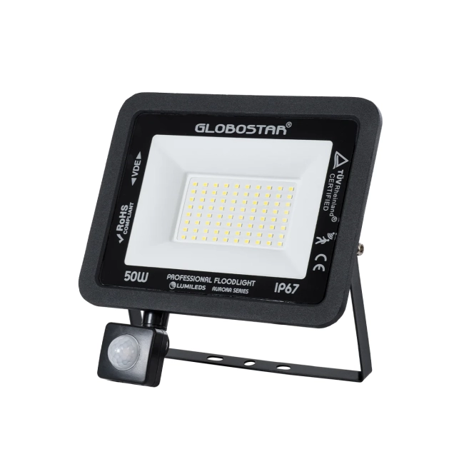  AURORA 61441 Προβολέας με Ανιχνευτή PIR / Αισθητήρα Κίνησης LED 50W 6250lm 120° AC 220-240V Αδιάβροχο IP67 Ψυχρό Λευκό 6000K - Lumileds SMD Chip - TÜV Rheinland Certified - Μαύρο Ματ - Μ21 x Π5 x Υ21cm - 3 Χρόνια Εγγύηση