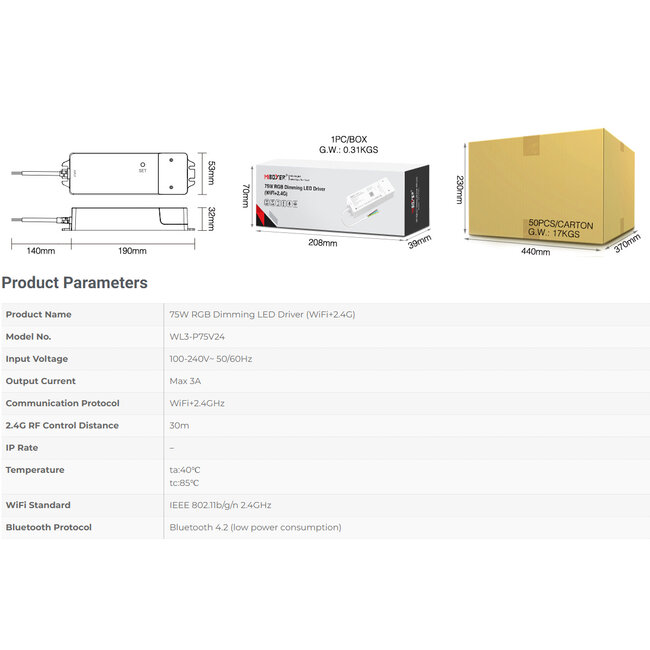 71439 WL3-P75V24 Mi-Light Ασύρματο RF 2.4Ghz Smart Controller LED Driver Wireless WiFi 3 Καναλιών για RGB Προϊόντα LED 75W 3A - AC 100-240V σε DC 24V - IP20 Μ19 x Π5.5 x Υ3.2cm - 5 Years Warranty - 25