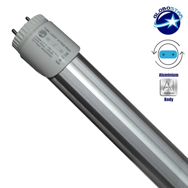 76181 Λάμπα LED Τύπου Φθορίου T8 Αλουμινίου Τροφοδοσίας Δύο Άκρων 60cm 10W 230V 800lm 180° με Καθαρό Κάλυμμα Θερμό Λευκό 3000k