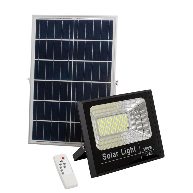 71557 Αυτόνομος Ηλιακός Προβολέας LED SMD 100W 8000lm με Ενσωματωμένη Μπαταρία 15000mAh - Φωτοβολταϊκό Πάνελ με Αισθητήρα Ημέρας-Νύχτας και Ασύρματο Χειριστήριο RF 2.4Ghz Αδιάβροχος IP66 Ψυχρό Λευκό 6000K