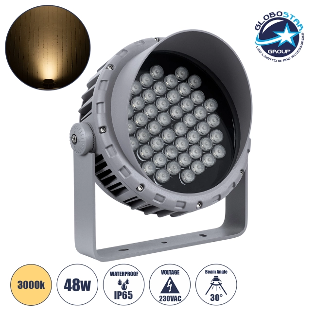 FLOODMENA 90646 Προβολέας Σποτ Wall Washer με Αντιθαμβωτική Γρίλια LED 48W 4320lm 30° AC 220-240V Αδιάβροχο IP65 Θερμό Λευκό 2700K - Bridgelux SMD Chip - Γκρι Ανθρακί - Μ25 x Π25 x Υ18cm - 3 Χρόνια Εγγύηση