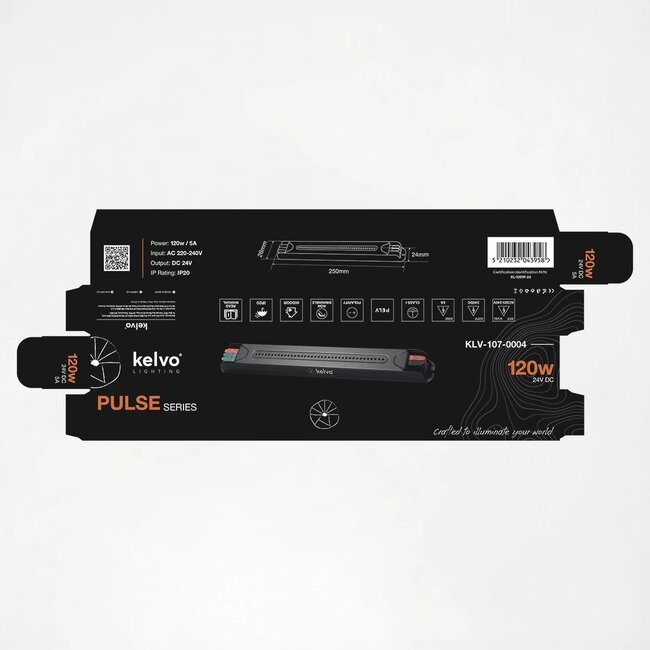 kelvo® PULSE KLV-107-0004 Ultra Slim Τροφοδοτικό/Μετασχηματιστής Class I PELV 120W 5A AC 220-240V σε DC 24V IP20 - Γκρι Ανθρακί Ματ - Μ25 x Π2.6 x Υ2.4cm - 5 Χρόνια Εγγύηση - 7