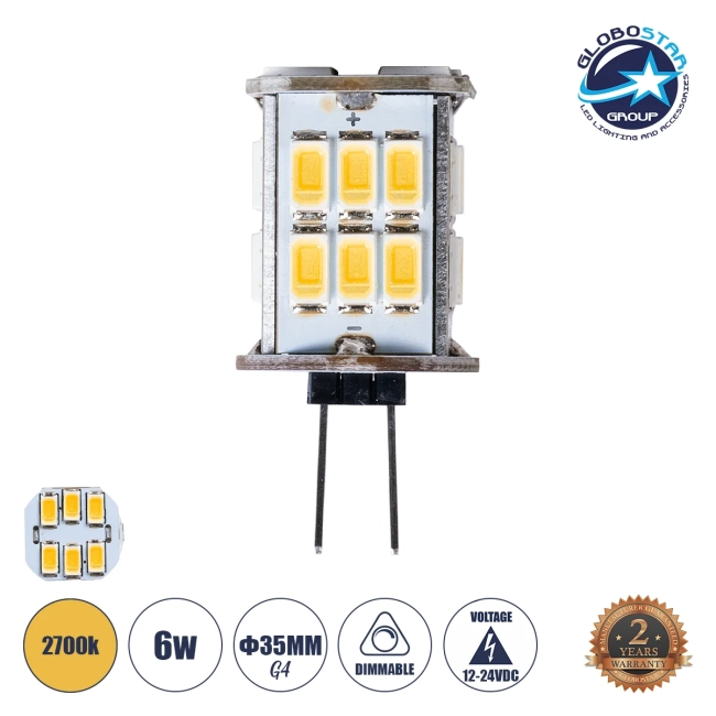  G4BACK 76136 Λάμπα G4 LED 6W 600lm 320° DC 12-24V IP20 Θερμό Λευκό 2700K Dimmable - Sanan SMD Chip - Back Pin - Μ1.9 x Π1.9 x Υ3.7cm - 2 Χρόνια Εγγύηση