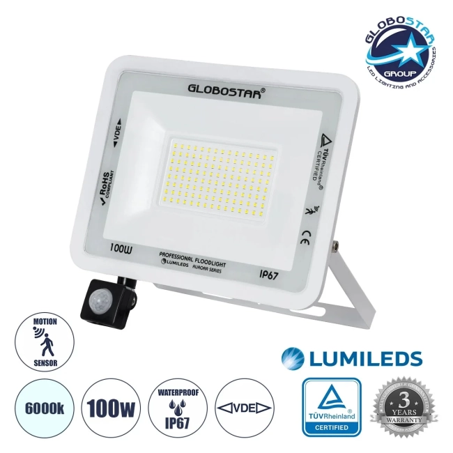  AURORA 61444 Προβολέας με Ανιχνευτή PIR / Αισθητήρα Κίνησης LED 100W 12500lm 120° AC 220-240V Αδιάβροχο IP67 Ψυχρό Λευκό 6000K - Lumileds SMD Chip - TÜV Rheinland Certified - Λευκό Ματ - Μ25 x Π6.5 x Υ27.5cm - 3 Χρόνια Εγγύηση