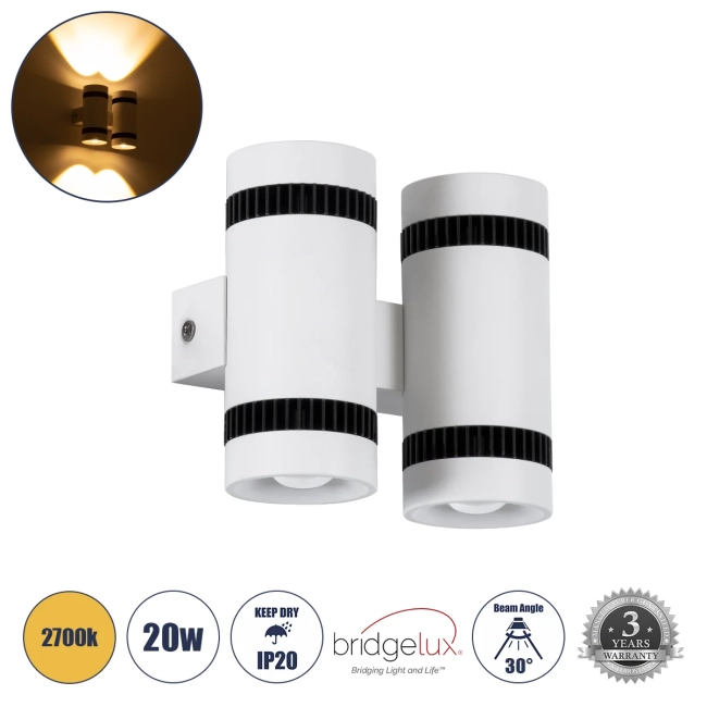  CANNONAL 60578 Μοντέρνο Φωτιστικό Τοίχου - Απλίκα LED 20W 2300lm 30° AC 220-240V IP20 Θερμό Λευκό 2700K - Bridgelux COB Chip & TÜV SÜD Driver - Μαύρο Ματ & Λευκό Ματ - Μ12 x Π6.5 x Υ11cm - 3 Χρόνια Εγγύηση