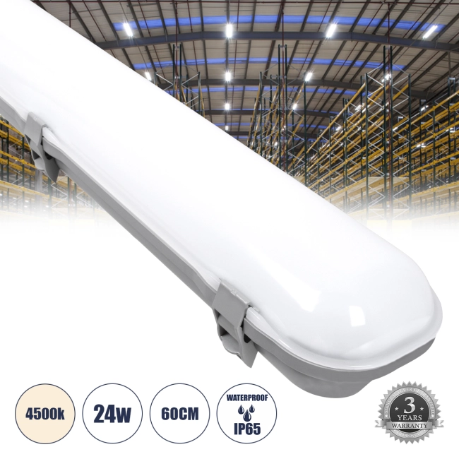 60171 LED Γραμμικό Βιομηχανικό Φωτιστικό Tri-Proof 60cm 24W 2738lm 120° AC 220-240V Αδιάβροχο IP65 Μ60 x Π10.5 x Υ8cm Φυσικό Λευκό 4500K - 3 Χρόνια Εγγύηση