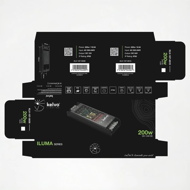kelvo® ILUMA KLV-107-0015 Slim Τροφοδοτικό/Μετασχηματιστής Class I PELV 200W 8.3A AC 220-240V σε DC 24V IP20 - Γκρι Ανθρακί Ματ - Μ18.5 x Π5.9 x Υ2.8cm - 5 Χρόνια Εγγύηση - 6