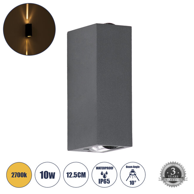 LINOR 60528 Φωτιστικό Τοίχου - Απλίκα Αρχιτεκτονικού Φωτισμού Εσωτερικού/Εξωτερικού Χώρου Up & Down LED 10W 1000lm 60° AC220-240V Αδιάβροχο IP65 - Σώμα Αλουμινίου & Tempered Glass - Μ12.5 x Π6 x Υ4cm - Θερμό Λευκό 2700K - Γκρι Ανθρακί - Bridgelux Chip - 5 Years Warranty