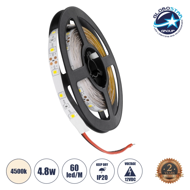 AVILA 90591 Ταινία LED 4.8W/m 280lm/m 120° DC 12V IP20 60 x SMD3528 Chip/m Φυσικό Λευκό 4500K Dimmable - Sanan SMD Chip - Μ500 x Π0.7 x Υ0.2cm - Ρολό 5 Μέτρων - 2 Χρόνια Εγγύηση