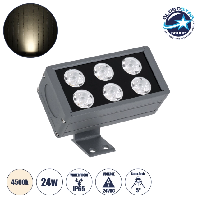 FLOODDANY 90376 Προβολέας Σποτ Wall Washer LED 24W 2760lm 5° DC 24V Αδιάβροχο IP65 Φυσικό Λευκό 4500K Dimmable - CREE XPE Chip - Γκρι Ανθρακί - Μ16 x Π9.5 x Υ7.5cm - 3 Χρόνια Εγγύηση
