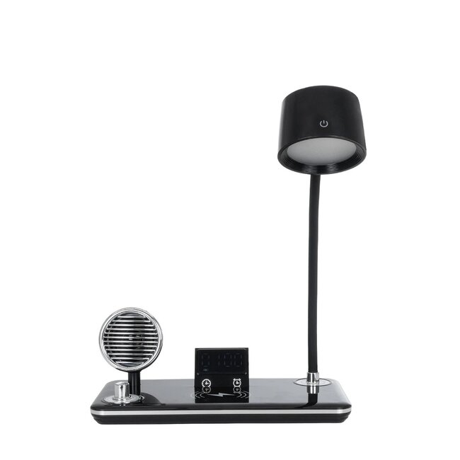 OLDY 76563 Μοντέρνο Επιτραπέζιο Φωτιστικό Γραφείου με Ασύρματη Φόρτιση 15W 3A, 5W Bluetooth Ηχείο & Ψηφιακό Ρολόι LED 3W 300lm 120° DC 5V με USB-C IP20 Ρυθμιζόμενο Λευκό CCT με Αφή 2700K/4500K/6000K Dimmable - Sanan SMD Chip - Μαύρο - Μ13 x Π25 x Υ38cm - 2 Χρόνια Εγγύηση