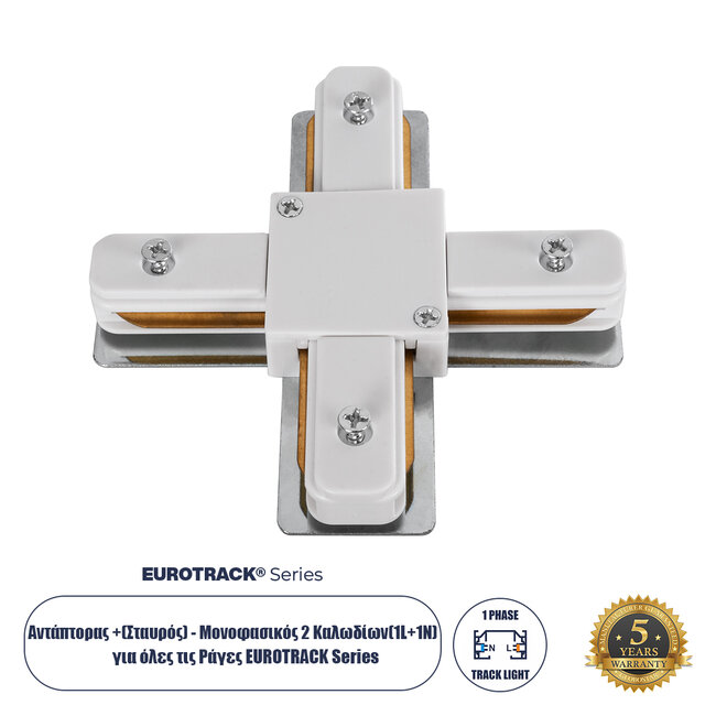2L-EUROTRACK 60910 Αντάπτορας +(Σταυρός) - Μονοφασικός 2 Καλωδίων για όλες τις Ράγες EUROTRACK AC 220-240V IP20 Μ10.7 x Π10.7 x Υ1.5cm - EUROTRACKSystem 1L+1N - Θερμοπλαστικό - Λευκό - 5 Χρόνια Εγγύηση