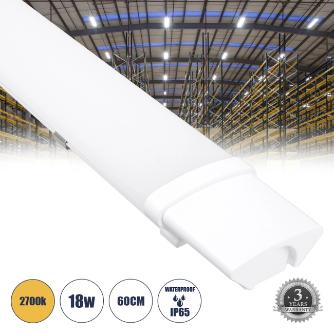 60163 LED Γραμμικό Βιομηχανικό Φωτιστικό Tri-Proof 60cm 18W 1936lm 120° AC 220-240V Αδιάβροχο IP65 Μ60 x Π6 x Υ4cm Θερμό Λευκό 2700K - 3 Χρόνια Εγγύηση