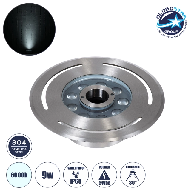 UNDERWATER-DENIS 90433 Υποβρύχιο Χωνευτό Φωτιστικό Σποτ Ειδικό για Σιντριβάνια - Πισίνες - Τζακούζι LED 9W 900lm 30° DC 24V Αδιάβροχο IP68 Φ21 x Υ7.5cm Ψυχρό Λευκό 6000K - Ανοξείδωτο Ατσάλι SS304 - 3 Years Warranty