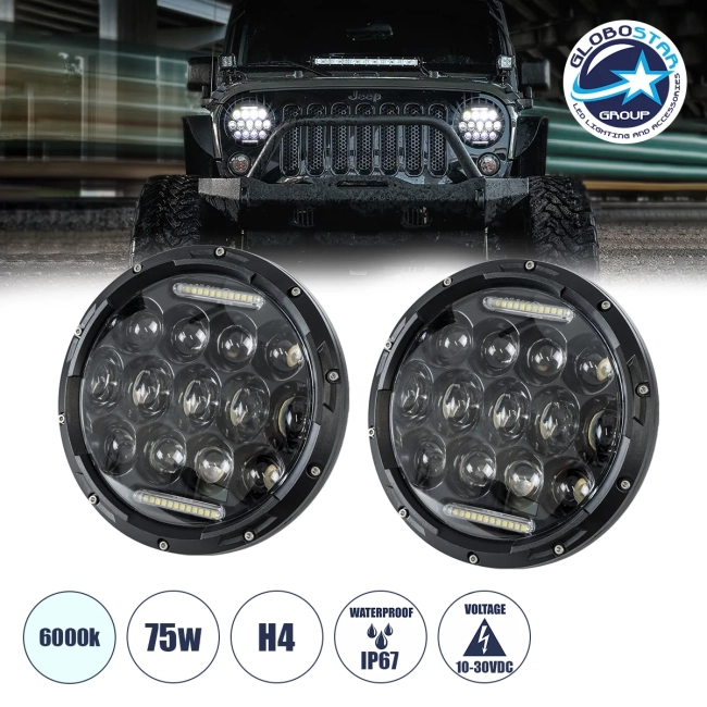 85417 Σετ 2 x Φανάρια JEEP WRANGLER 7 Ιντσών Βασικού Φωτισμού H/L με Ring Light DRL LED CREE CXB COB 75W 12000lm DC 10-30V Αδιάβροχα IP67 Ψυχρό Λευκό 6000K
