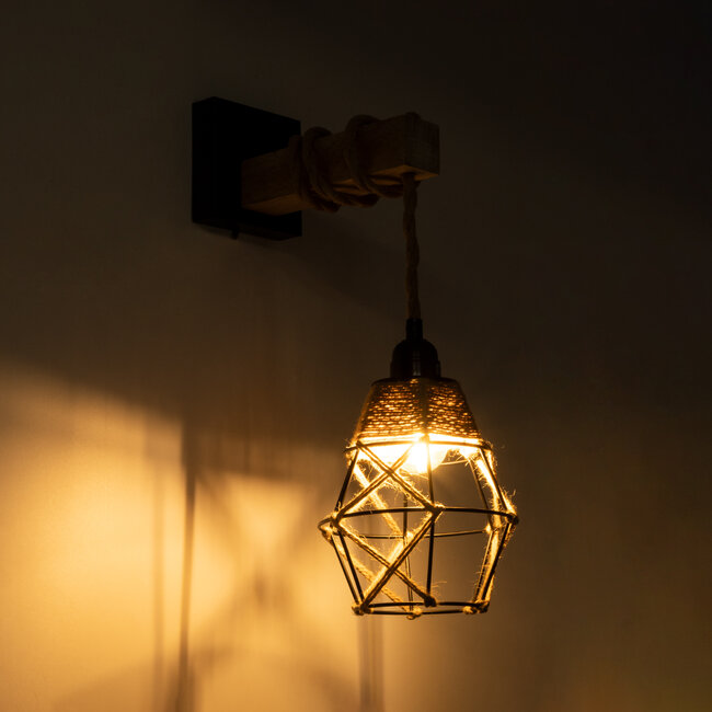 BELLARIVA 01961 Boho Φωτιστικό Τοίχου - Απλίκα Μονόφωτο 1 x E27 AC 220-240V IP20 - Μ10 x Π30 x Υ43cm - Μαύρο Μεταλλικό με Ξύλο και Μπεζ Σχοινί Πλεγμα - 5 Χρόνια Εγγύηση
