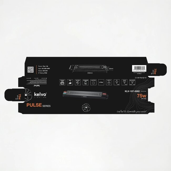 kelvo® PULSE KLV-107-0002 Ultra Slim Τροφοδοτικό/Μετασχηματιστής Class I PELV 75W 3A AC 220-240V σε DC 24V IP20 - Γκρι Ανθρακί Ματ - Μ23 x Π1.9 x Υ2cm - 5 Χρόνια Εγγύηση - 7