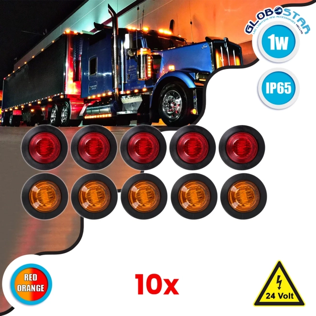 85308 Πακέτο 10 Τεμάχια Φώτα Όγκου για Φορτηγά BULLET PIN LED SMD 5730 1W / Τεμ. 100lm DC 24V Αδιάβροχα IP65 5x Κόκκινα - 5x Πορτοκαλί