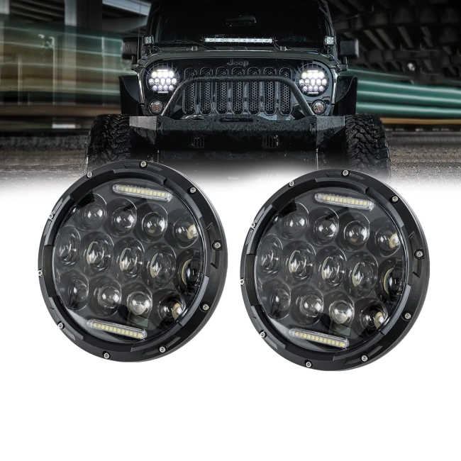 85417 Σετ 2 x Φανάρια JEEP WRANGLER 7 Ιντσών Βασικού Φωτισμού H/L με Ring Light DRL LED CREE CXB COB 75W 12000lm DC 10-30V Αδιάβροχα IP67 Ψυχρό Λευκό 6000K - 6