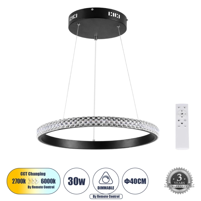  DIAMOND 61128 Μοντέρνο Κρεμαστό Φωτιστικό Οροφής LED 30W 3513lm 360° AC 220-240V IP20 Ρυθμιζόμενο Λευκό CCT με Χειριστήριο από 2700K έως 6000K Dimmable - Lumileds SMD Chip - Μαύρο Ματ - Μ40 x Π40 x Υ3cm - 3 Χρόνια Εγγύηση - 2
