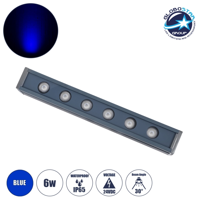 WASHERMARGO 90182 Μπάρα Φωτισμού Wall Washer LED 6W 510lm 30° DC 24V Αδιάβροχο IP65 Μπλε Dimmable - Bridgelux SMD Chip - Γκρι Ανθρακί - Μ30 x Π4 x Υ5cm - 3 Χρόνια Εγγύηση