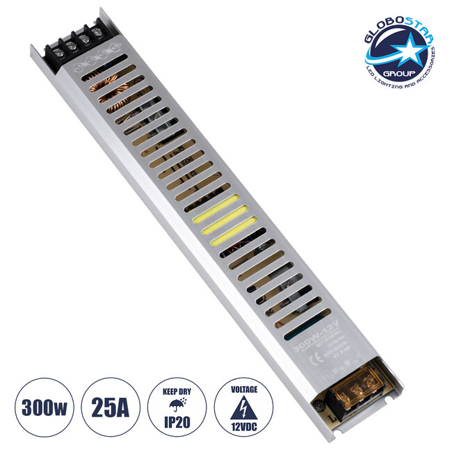 73029 Μεταλλικό Τροφοδοτικό PELV Ultra Slim για Προϊόντα LED 300W 25A - AC 220-240V σε DC 12V - IP20 L31 x W5.4 x H2.3cm - 3 Years Warranty