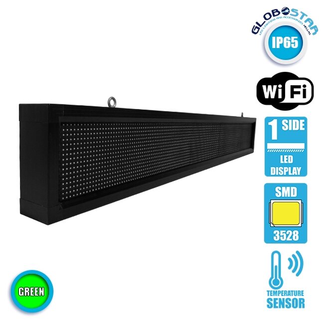 DISPLAY 90262 Κυλιόμενη Ψηφιακή Επιγραφή P10 Μονής Όψης LED AC 220-240V Αδιάβροχο IP54 Πράσινο - WiFi Control μέσω FK APP - Αισθητήρας Θερμοκρασίας & Υγρασίας - Μ168 x Π9 x Υ24cm - 2 Χρόνια Εγγύηση - 3