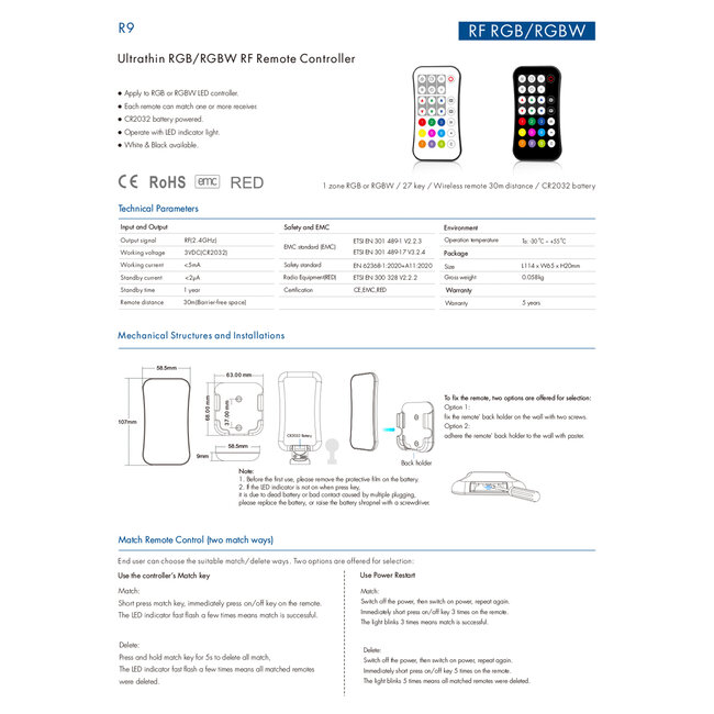73158 R9 SKYDANCE Ασύρματο Χειριστήριο RF 2.4Ghz 1 Group για όλα τα Πολύχρωμα SKYDANCE Controller DC 3V 1 x CR2032 - IP20  Μ10.7 x Π5.8 x Υ1cm - 5 Χρόνια Εγγύηση - 9