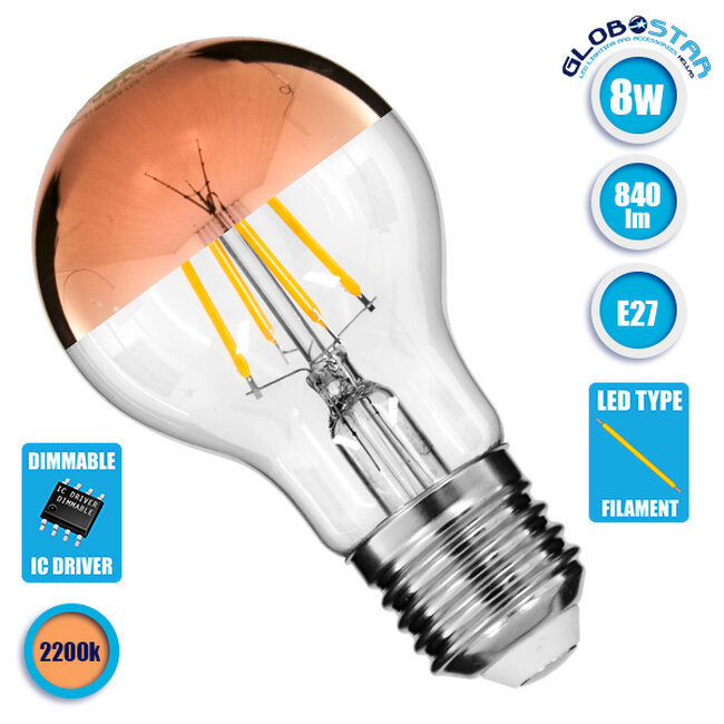 Λάμπα E27 A60 Γλόμπος με Ανεστραμμένο Χάλκινο Καθρέπτη LED FILAMENT 8W 840 lm 320° AC 85-265V Edison Retro με Διάφανο-Χάκλινο Γυαλί Ultra Θερμό Λευκό 2200 K Dimmable  99111