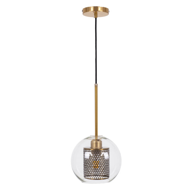 AVERY 00739 Μοντέρνο Κρεμαστό Φωτιστικό Οροφής Μονόφωτο Διάφανο Γυαλίνο με Χρυσό Μεταλλικό Πλέγμα Φ18 x Υ38cm - 4