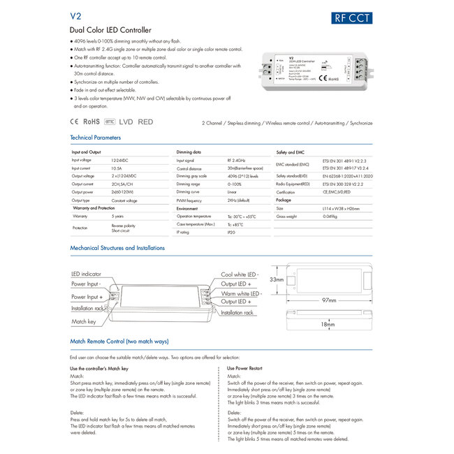 71564 V2 SKYDANCE DC RF 2.4Ghz Dimmer High Speed Controller 2 Καναλιών DC 12-24V 2 x 5A 120W - Max 10.5A 252W - IP20 Μ10 x Π3.5 x Υ2cm - 5 Years Warranty - 8