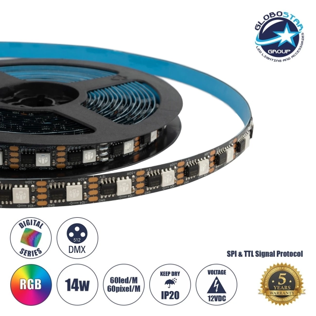 DIGIPRO 90604 Ψηφιακή Pixel Addressable Ταινία LED 14.4W/m 864lm/m 120° DC 12V IP20 60 x SMD5050 Chip/m 60 x Pixel/m Πολύχρωμο RGB Dimmable SPI/TTL Protocol IC TM1812 - Sanan SMD Chip - Μ500 x Π1 x Υ0.2cm - Ρολό 5 Μέτρων - 5 Χρόνια Εγγύηση