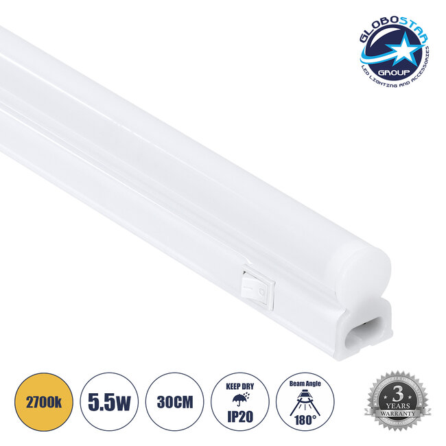 TUBO 60786 Γραμμικό Φωτιστικό Οροφής Linear LED Τύπου T5 Επεκτεινόμενο 5.5W 528lm 180° AC 220-240V IP20 Πάγκου Κουζίνας με Διακόπτη On/Off Μ30 x Π2.2 x Υ3.5cm Θερμό Λευκό 2700K - Λευκό - 3 Years Warranty