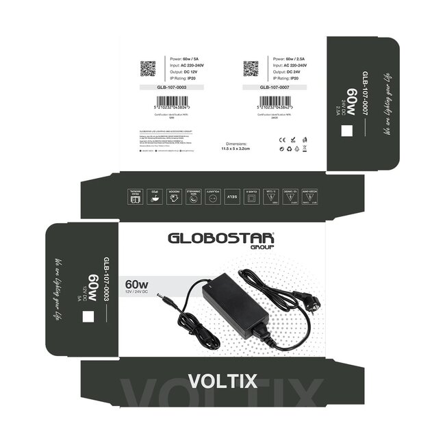 VOLTIX GLB-107-0007 Τροφοδοτικό/Μετασχηματιστής Class II SELV 60W 2.5A AC 220-240V σε DC 24V IP20 - Μαύρο Ματ - Μ11.5 x Π5 x Υ3.2cm - 3 Χρόνια Εγγύηση - 7