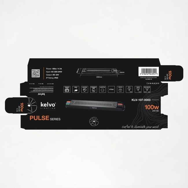 kelvo® PULSE KLV-107-0003 Ultra Slim Τροφοδοτικό/Μετασχηματιστής Class I PELV 100W 4.1A AC 220-240V σε DC 24V IP20 - Γκρι Ανθρακί Ματ - Μ23 x Π2.6 x Υ2.4cm - 5 Χρόνια Εγγύηση - 7