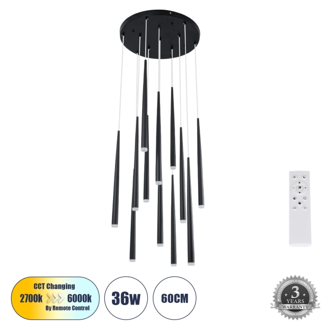  TEARS 61313 Μοντέρνο Κρεμαστό Φωτιστικό Οροφής LED 36W 3960lm 180° AC 220-240V IP20 Ρυθμιζόμενο Λευκό CCT με Χειριστήριο από 2700K έως 6000K Dimmable - Lumileds SMD Chip - Μαύρο - Μ60 x Π60 x Υ51.5cm - 3 Χρόνια Εγγύηση - 2