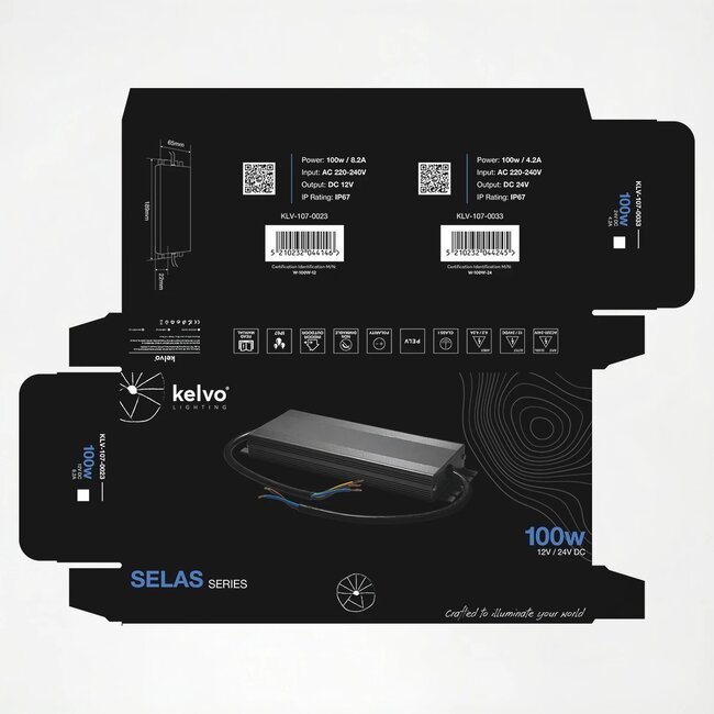 kelvo® SELAS KLV-107-0023 Τροφοδοτικό/Μετασχηματιστής Class I PELV 100W 8.2A AC 220-240V σε DC 12V Αδιάβροχο IP67 - Γκρι Ανθρακί Ματ - Μ18.9 x Π6.5 x Υ2.2cm - 5 Χρόνια Εγγύηση - 7