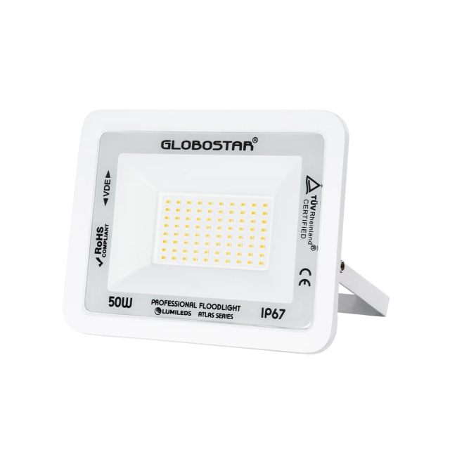  ATLAS 61421 Προβολέας LED 50W 5750lm 120° AC 220-240V Αδιάβροχο IP67 Θερμό Λευκό 2700K - Lumileds SMD Chip - TÜV Rheinland Certified - Λευκό Ματ - Μ21 x Π3.5 x Υ16cm - 5 Χρόνια Εγγύηση