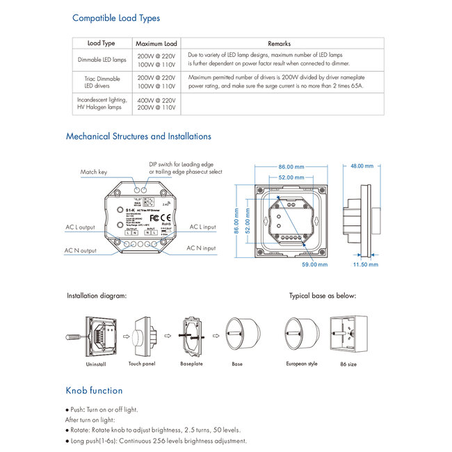 71454 S1-K SKYDANCE AC Smart RF 2.4Ghz & Ροοστάτη - Push ON/OFF Triac Dimming AC100-240V σε AC100-240V 1 x 1.5A 360W - Max 1.5A 360W - IP20 - Λευκό Σώμα - Μ8.5 x Π8.5 x Υ5cm - 5 Years Warranty - 10