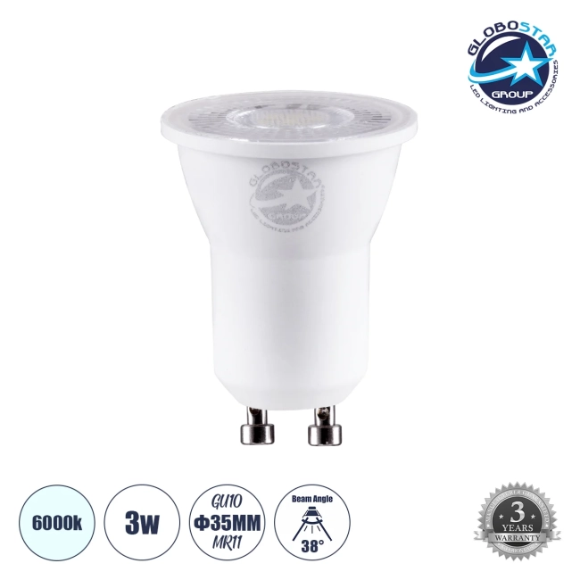  TINO 60111 Σποτ GU10 MR11 LED 3W 330lm 38° AC 220-240V IP20 Ψυχρό Λευκό 6000K - Bridgelux SMD Chip - Μ3.5 x Π3.5 x Υ4cm - 3 Χρόνια Εγγύηση