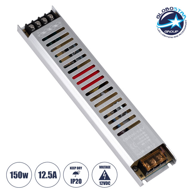 73027 Μεταλλικό Τροφοδοτικό PELV Ultra Slim για Προϊόντα LED 150W 12.5A - AC 220-240V σε DC 12V - IP20 L25.2 x W5.4 x H2.1cm - 3 Years Warranty