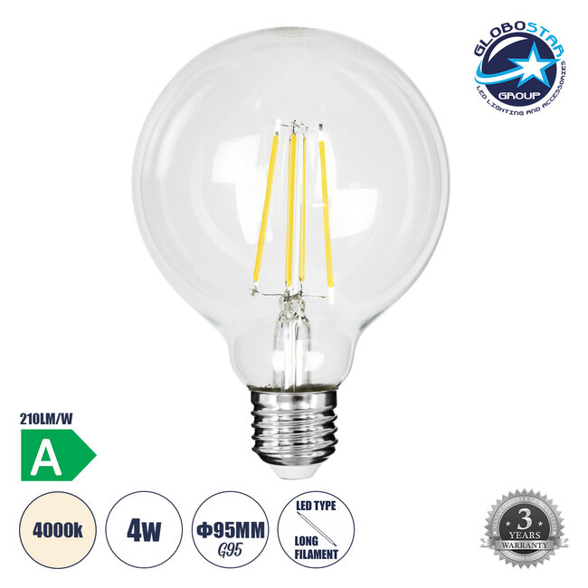 99092 Λάμπα LED Long Filament E27 G95 Γλόμπος 4W 840lm 360° AC 220-240V IP20 Φ9.5 x Υ13.8cm Φυσικό Λευκό 4000K με Διάφανο Γυαλί - Pro Series 210lm/W - A Ενεργειακή Κλάση - 3 Χρόνια Εγγύηση