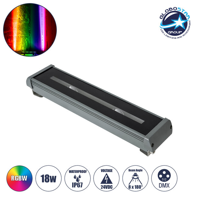 WINDOWRAFI 90729 Φωτιστικό Ανάδειξης Παραθύρων LED 18W 1440lm 8° x 180° DC 24V Αδιάβροχο IP67 Πολύχρωμο RGBW Dimmable DMX512 - CREE XPE Chip - Γκρι Ανθρακί - Μ30.5 x Π6.7 x Υ4.5cm - 3 Χρόνια Εγγύηση