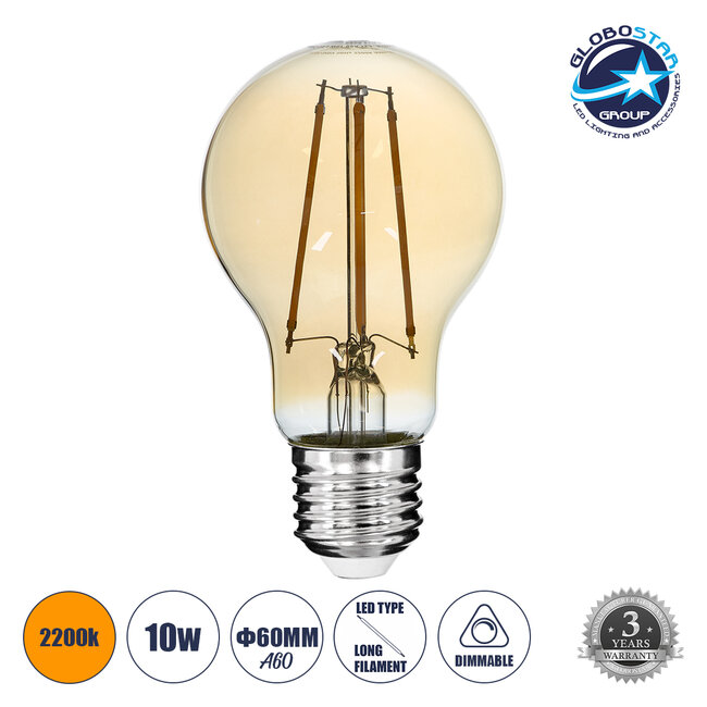 99038 Λάμπα LED Long Filament E27 A60 Γλόμπος 10W 900lm 360° AC 220-240V IP20 Φ6 x Υ10.5cm Ultra Θερμό Λευκό 2200K με Μελί Γυαλί - Dimmable - 3 Χρόνια Εγγύηση