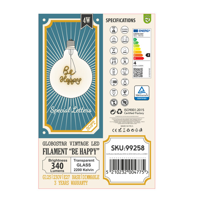 99258 Λάμπα LED Ultra Thin Soft S Spiral Letter Filament E27 G125 BE HAPPY Γλόμπος 4W 340lm 360° AC 220-240V IP20 Φ12.5 x Υ18cm Ultra Θερμό Λευκό 2200K με Διάφανο Γυαλί - Dimmable - 3 Years Warranty - 6