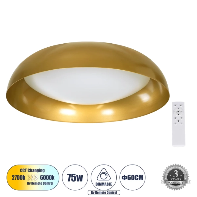 ANATOLIA 61266 Μοντέρνο Φωτιστικό Οροφής LED 75W 8625lm 120° AC 220-240V IP20 Ρυθμιζόμενο Λευκό CCT με Χειριστήριο από 2700K έως 6000K Dimmable - Lumileds SMD Chip - Χρυσό - Μ60 x Π60 x Υ13cm - 3 Χρόνια Εγγύηση ANATOLIA 61266 Μοντέρνο Φωτιστικό Οροφής LED 75W 8625lm 120° AC 220-240V IP20 Ρυθμιζόμενο Λευκό CCT με Χειριστήριο από 2700K έως 6000K Dimmable - Lumileds SMD Chip - Χρυσό - Μ60 x Π60 x Υ13cm - 3 Χρόνια Εγγύηση